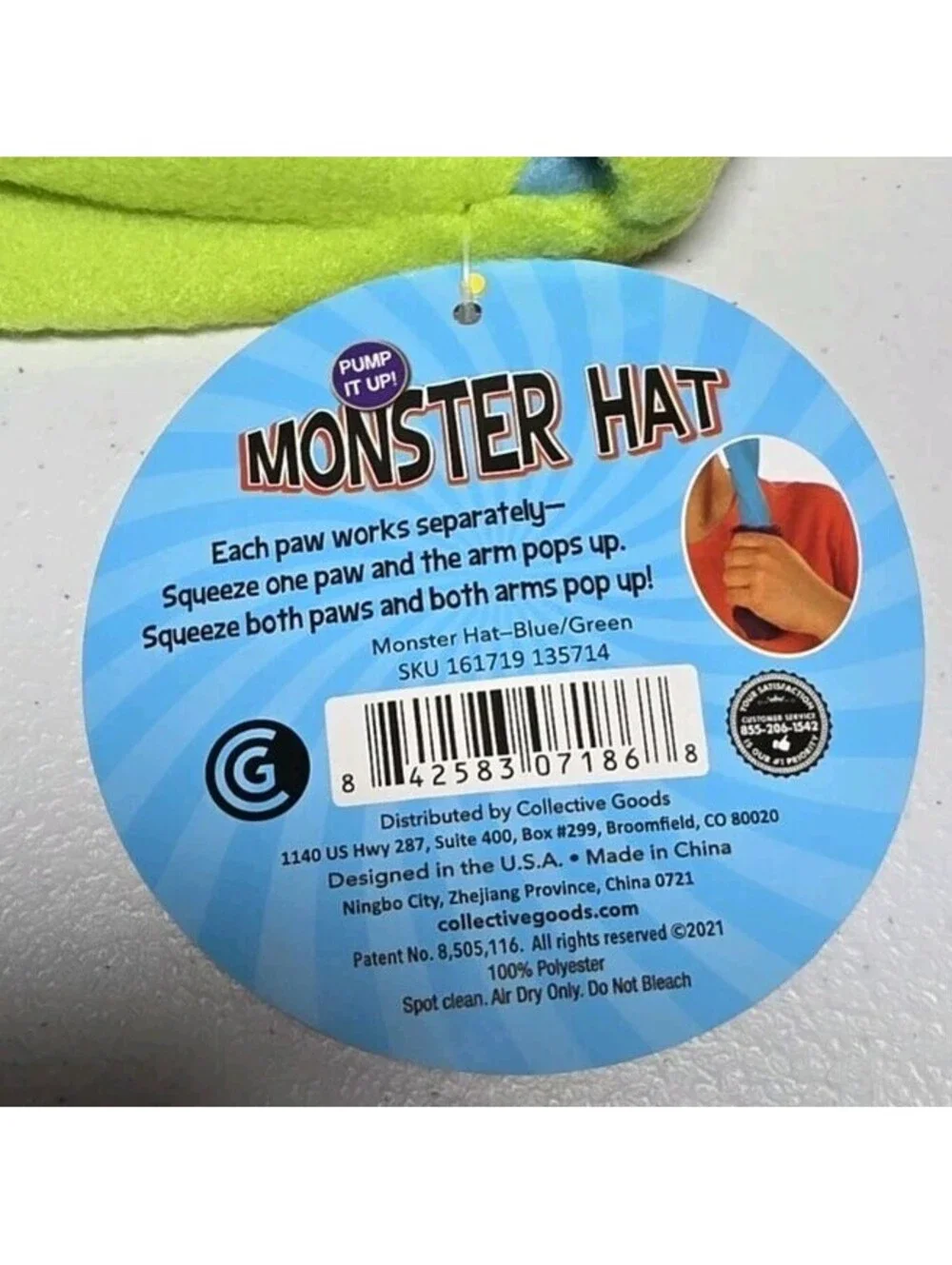 Monster Hat w/Moving Paws Ages 3+ Blue/Green One Size